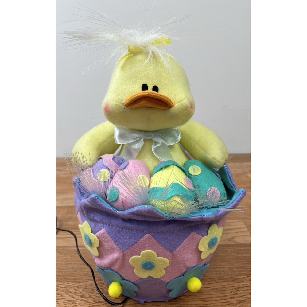 Vintage Fiber Optic Light Up Duck in Easter Basket with Eggs Plush